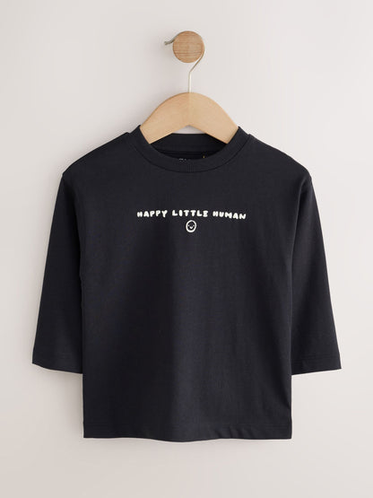 Dsiney Kidz - Black Happy Little Human Slogan Long Sleeve Small Graphic Printed T-Shirt (3mths-7yrs) image 5
