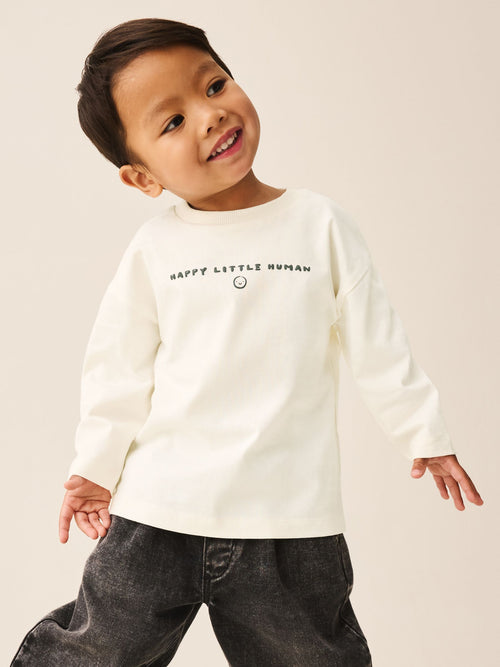 White Happy Little Human Slogan Long Sleeve Small Graphic Printed T-Shirt (3mths-7yrs) image 1