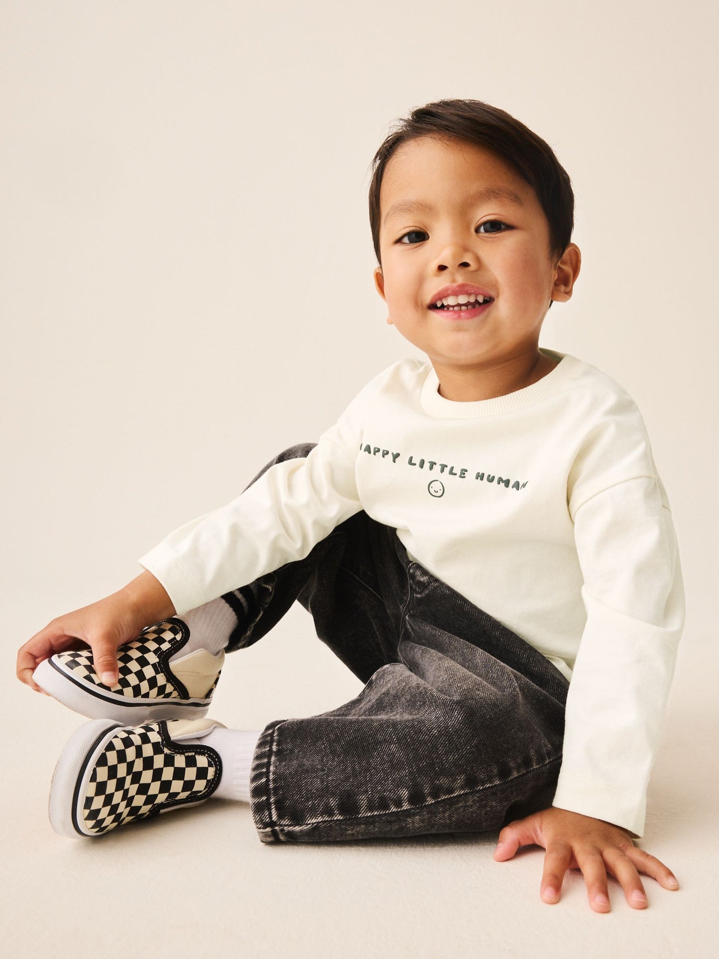 White Happy Little Human Slogan Long Sleeve Small Graphic Printed T-Shirt (3mths-7yrs) image 2