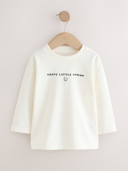 White Happy Little Human Slogan Long Sleeve Small Graphic Printed T-Shirt (3mths-7yrs) image 5