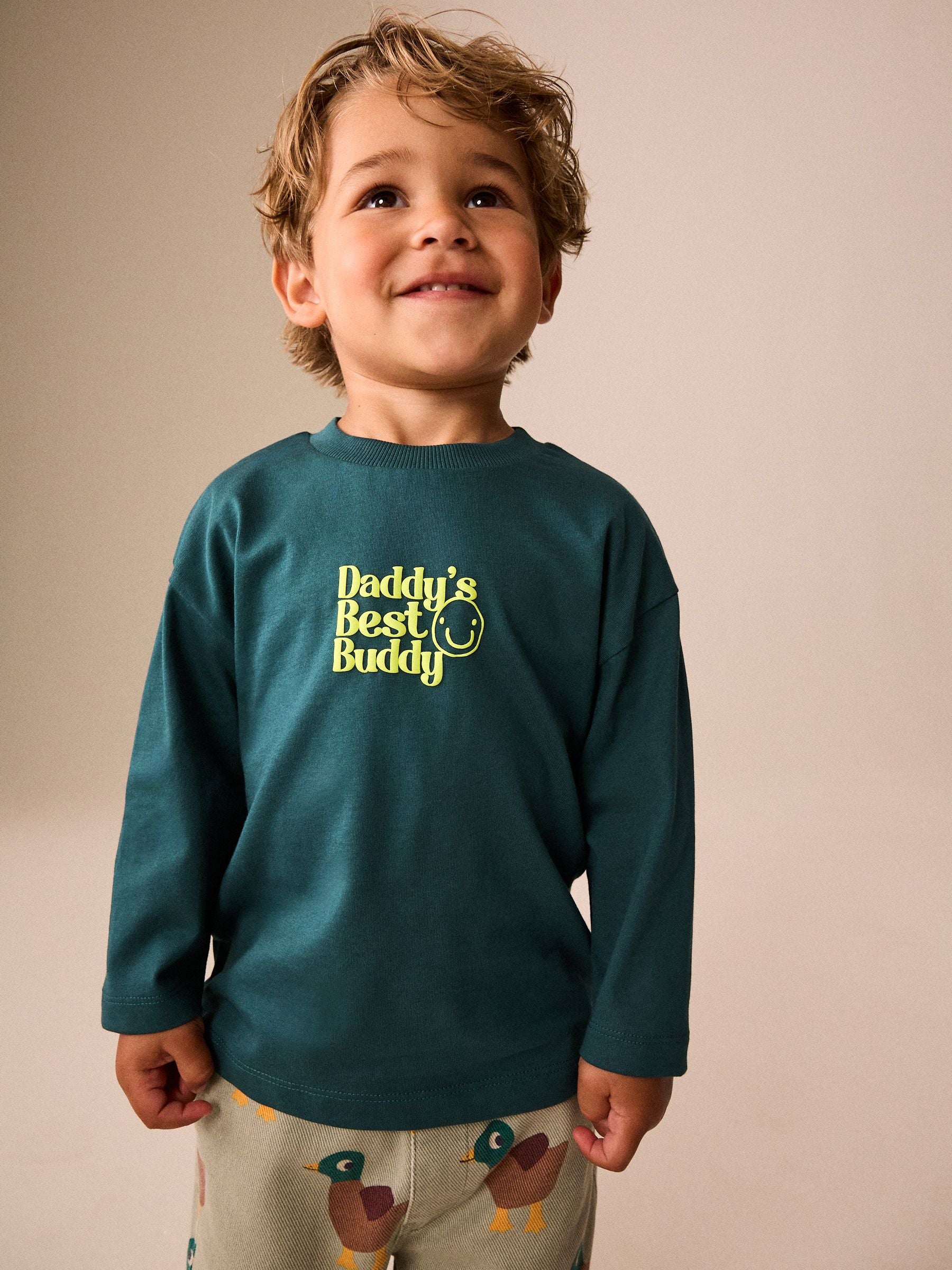 Dsiney Kidz - Green Daddys Best Buddy Slogan Long Sleeve Small Graphic Printed T-Shirt (3mths-7yrs) image 1
