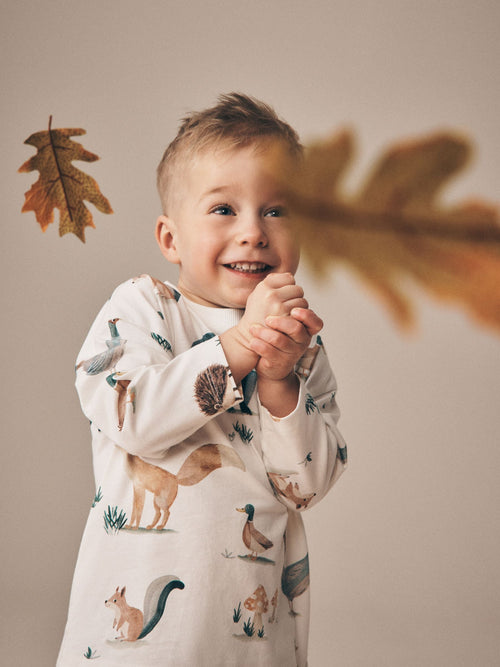 Cream/White Woodland Aminals Long Sleeve All Over Print T-Shirt (3mths-7yrs) image 1