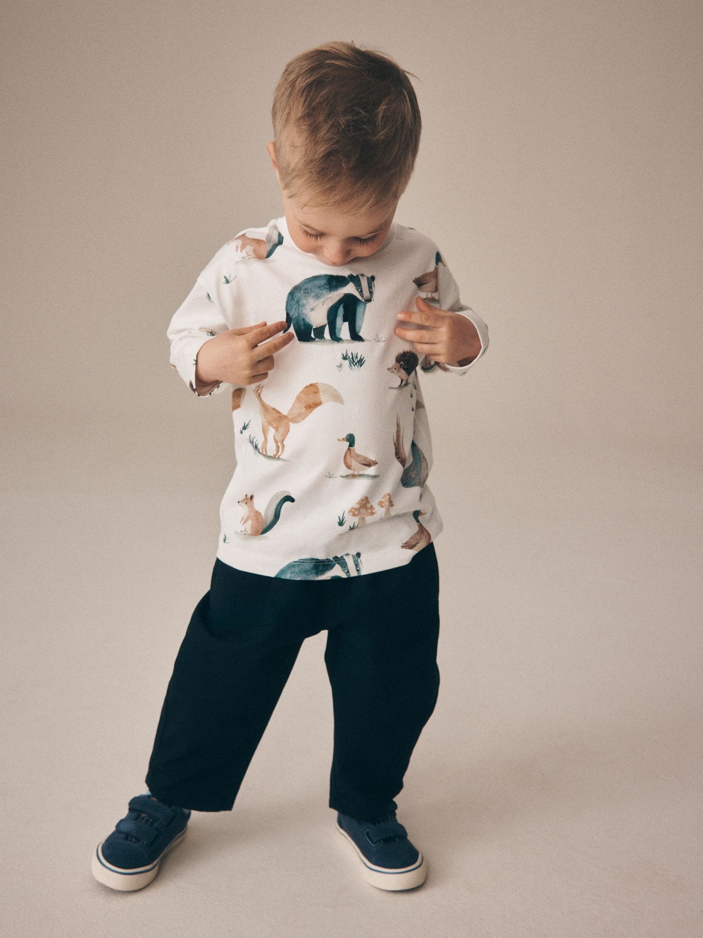 Cream/White Woodland Aminals Long Sleeve All Over Print T-Shirt (3mths-7yrs) image 2