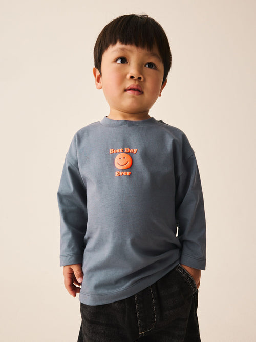 Charcoal Grey Smile Long Sleeve Small Graphic Printed T-Shirt (3mths-7yrs) image 1