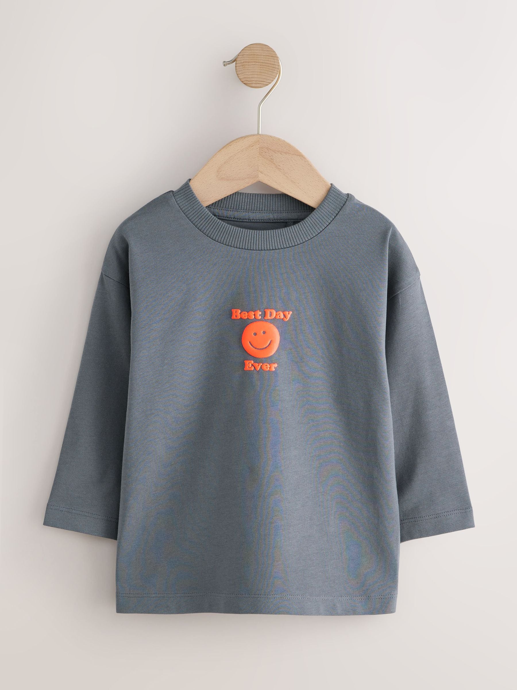 Charcoal Grey Smile Long Sleeve Small Graphic Printed T-Shirt (3mths-7yrs) image 4