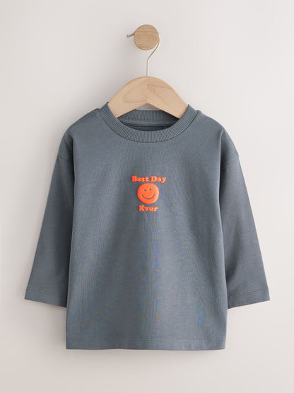 Charcoal Grey Smile Long Sleeve Small Graphic Printed T-Shirt (3mths-7yrs) image 4