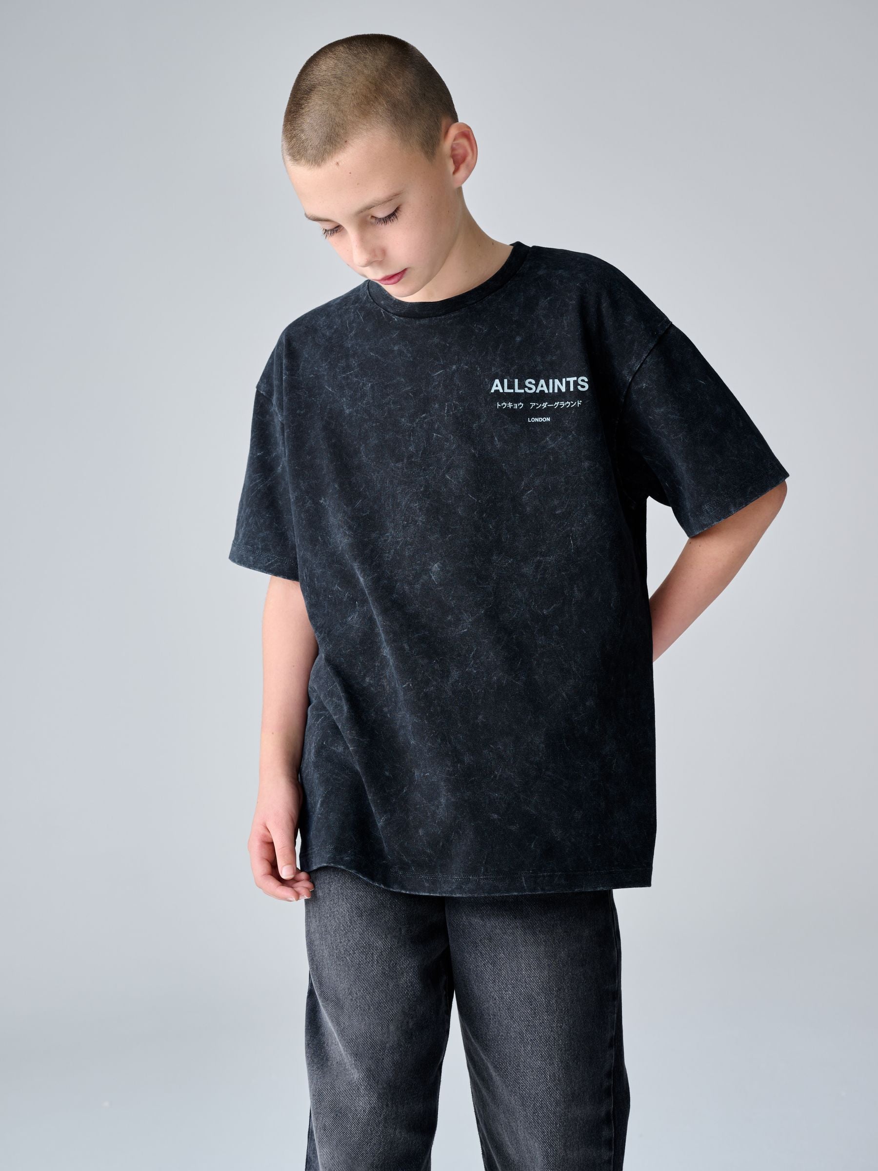 Dsiney Kidz - smALLSAINTS Washed Black Oversized Underground Crew Neck Cotton T-Shirt image 2