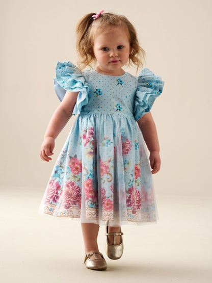 Angel & Rocket Blue Izzy Printed Tulle Ruffle Sleeve Dress image 1