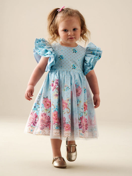 Angel & Rocket Blue Izzy Printed Tulle Ruffle Sleeve Dress image 1