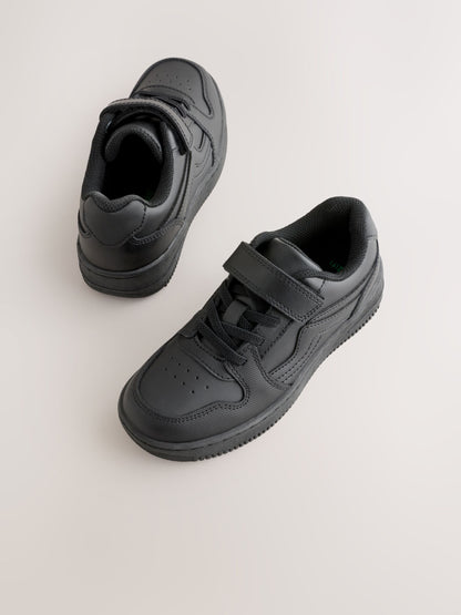 Black Wide Fit (G) Leather Touch Fastening Elastic Lace School Shoes image 1