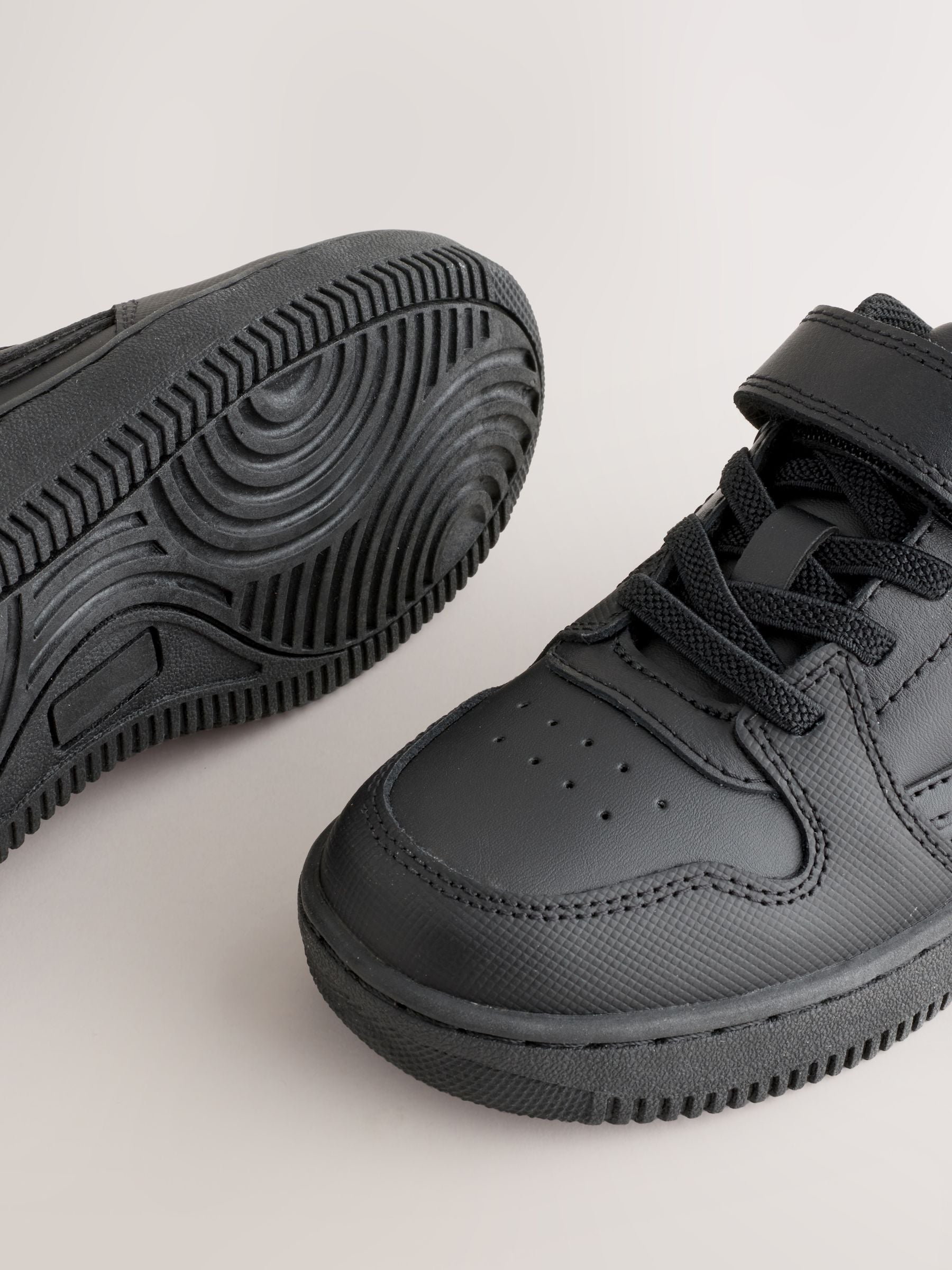 Black Wide Fit (G) Leather Touch Fastening Elastic Lace School Shoes image 4