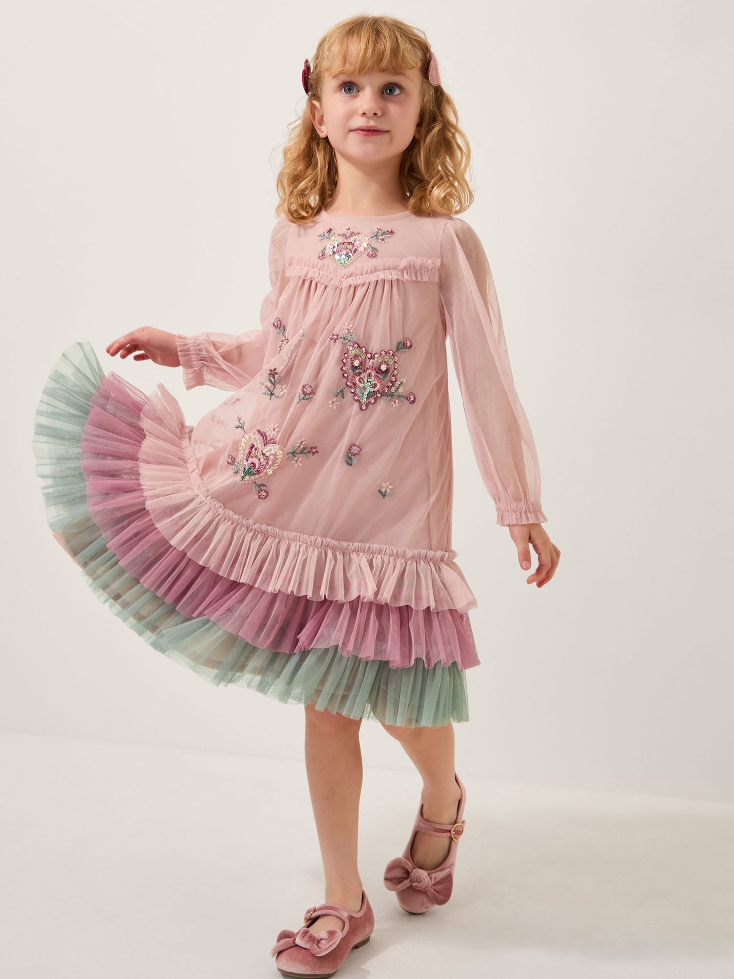 Monsoon Pink Embellished Heart Long Sleeve Dress image 1