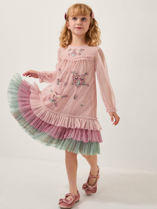 Monsoon Pink Embellished Heart Long Sleeve Dress image 1