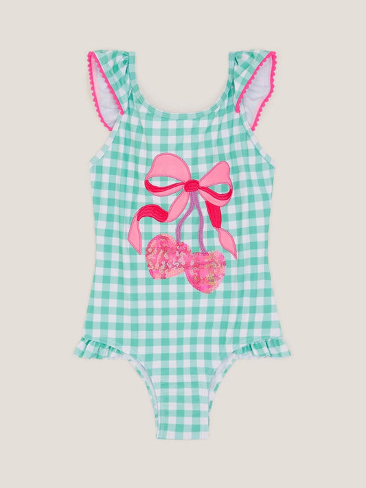 Monsoon Green Sequin Cherry Gingham Swimsuit image 1