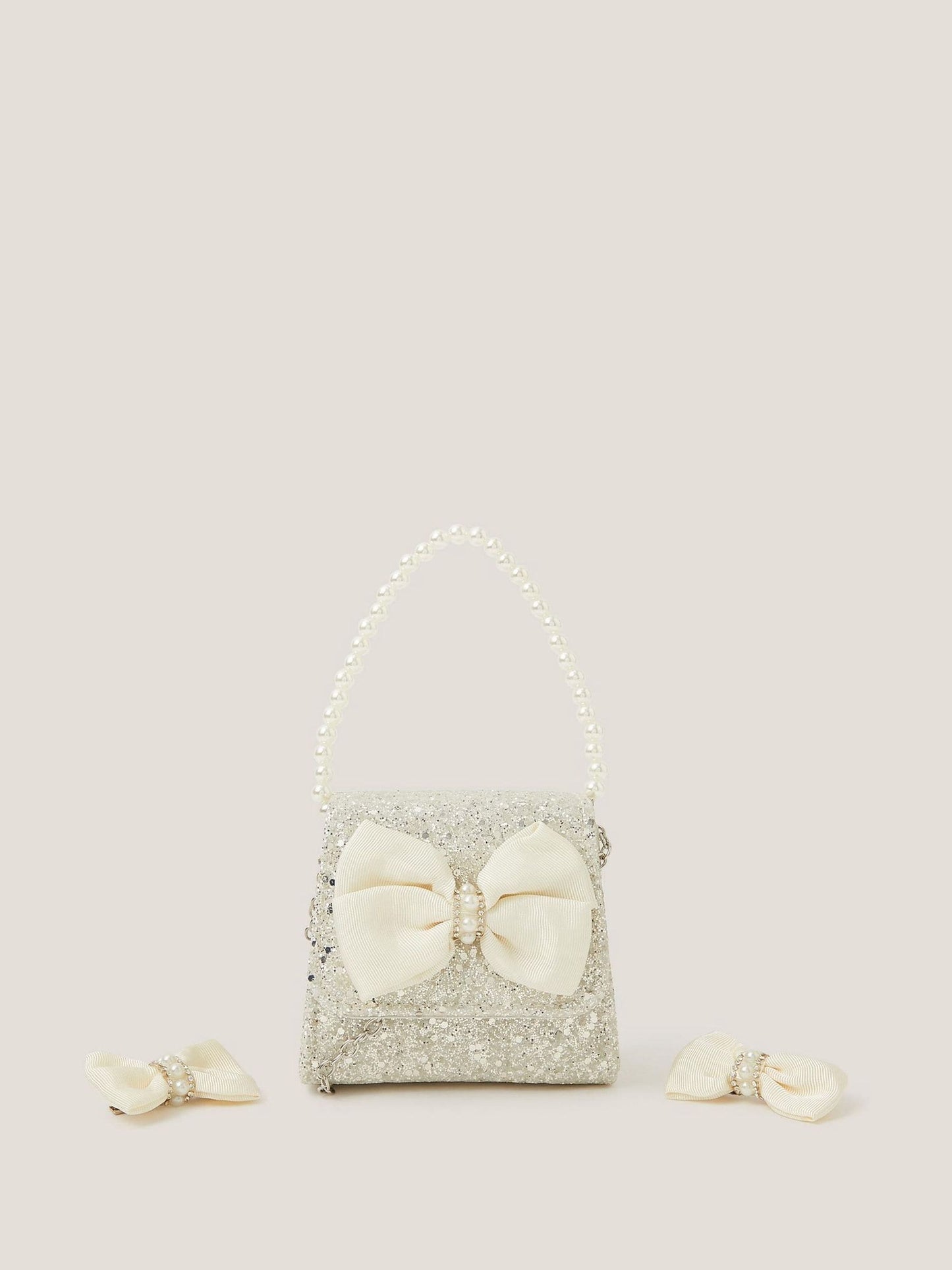 Monsoon Natural Glitter Pearl Bow Handbag & Hair Clips Set image 1