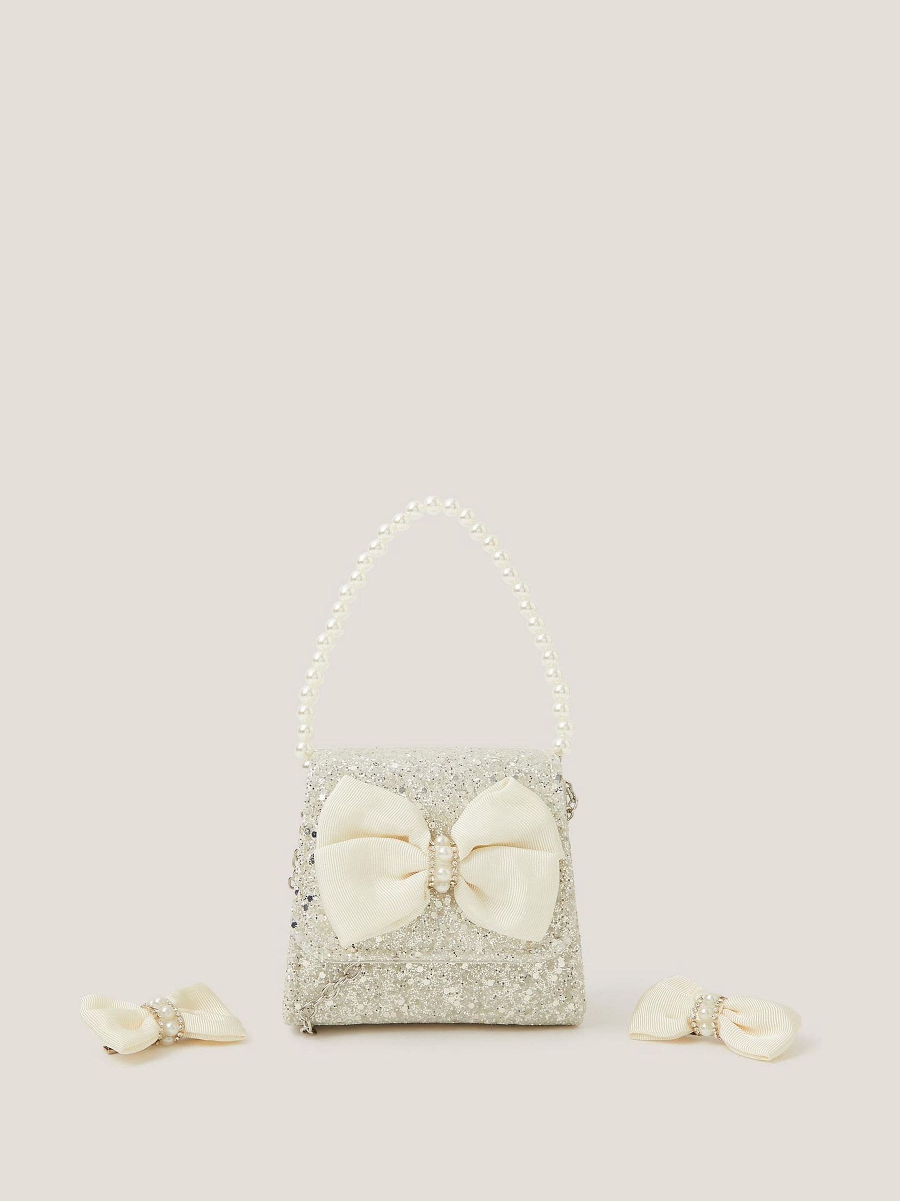 Monsoon Natural Glitter Pearl Bow Handbag & Hair Clips Set image 1