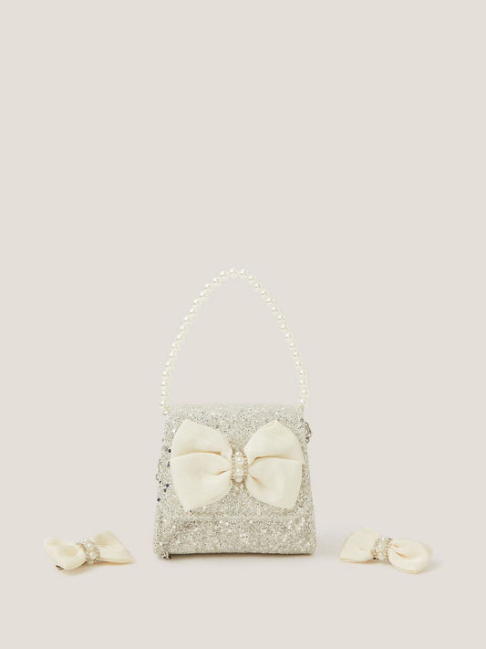 Monsoon Natural Glitter Pearl Bow Handbag & Hair Clips Set image 1