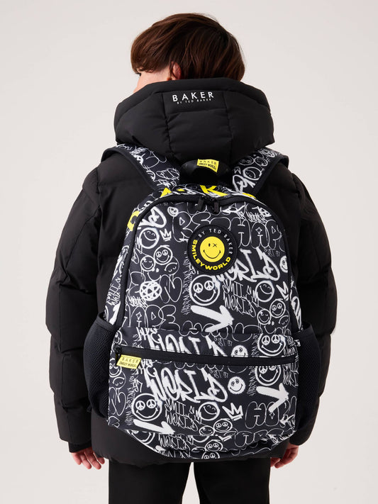 Baker by Ted Baker Black Back to School Childrens X Smiley World Graffiti Backpack image 1