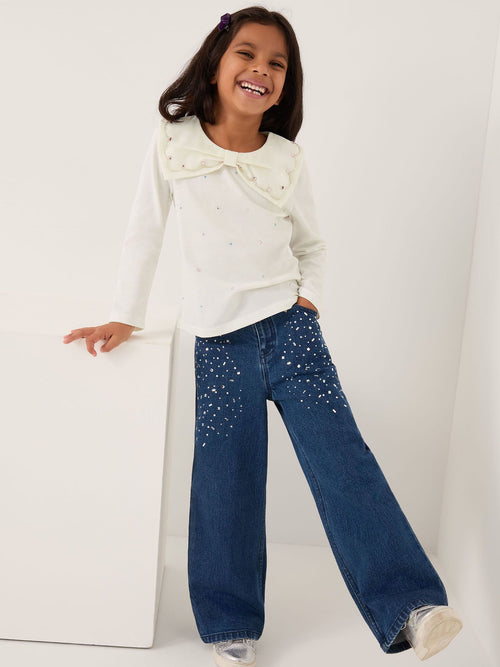 Monsoon Cream Bow Collar Rhinestone Top image 1