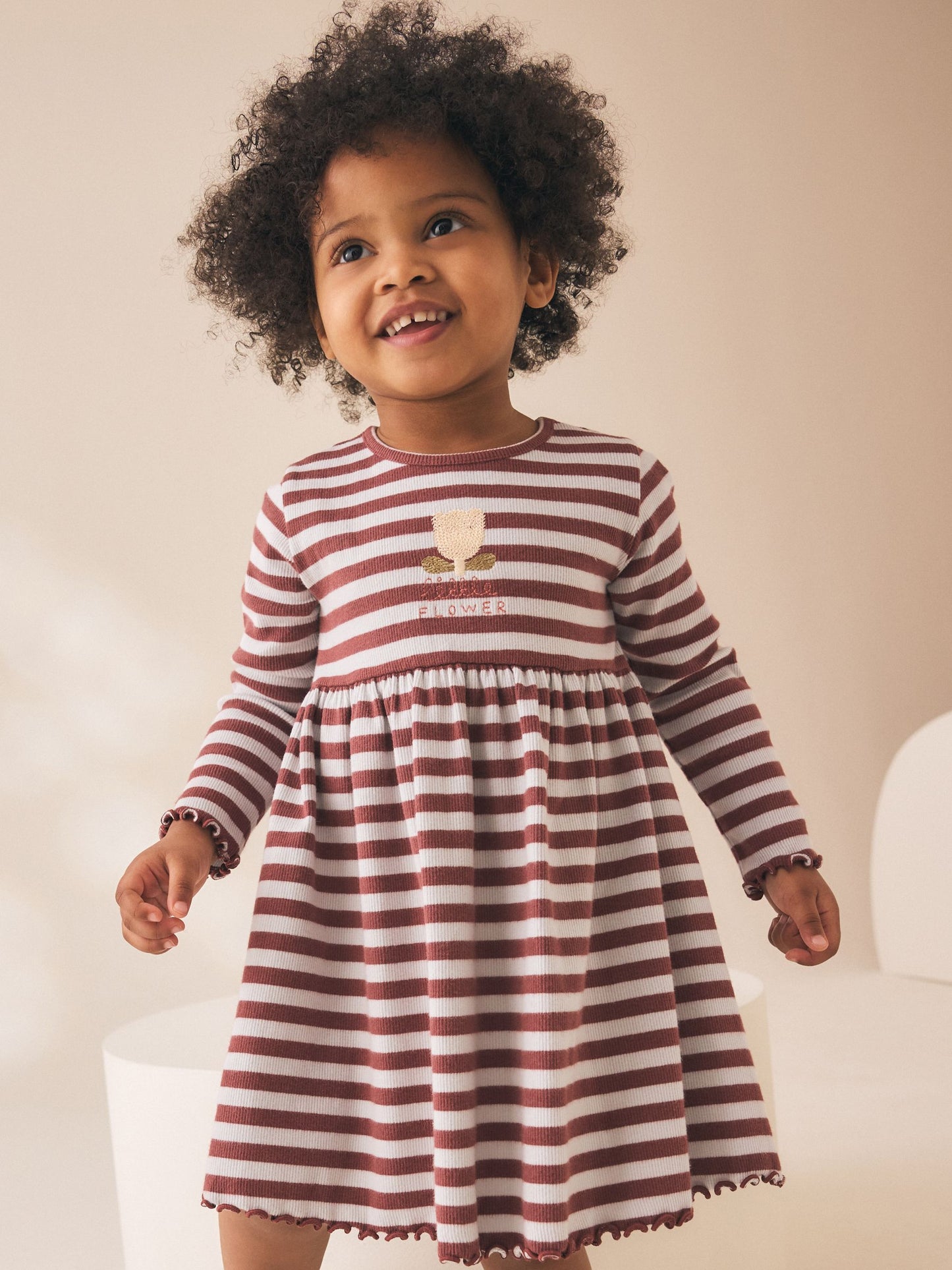 Dsiney Kidz - Brown Stripe Flower Long Sleeve Ribbed Dress (3mths-7yrs) image 1