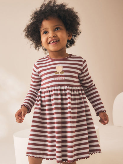 Dsiney Kidz - Brown Stripe Flower Long Sleeve Ribbed Dress (3mths-7yrs) image 1