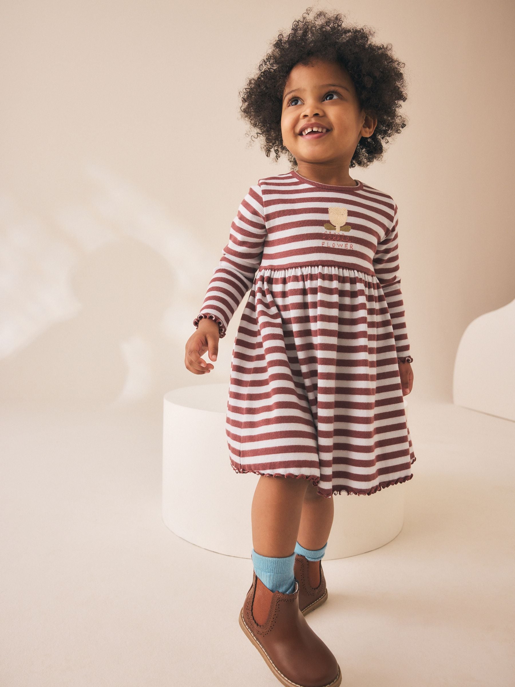 Dsiney Kidz - Brown Stripe Flower Long Sleeve Ribbed Dress (3mths-7yrs) image 2