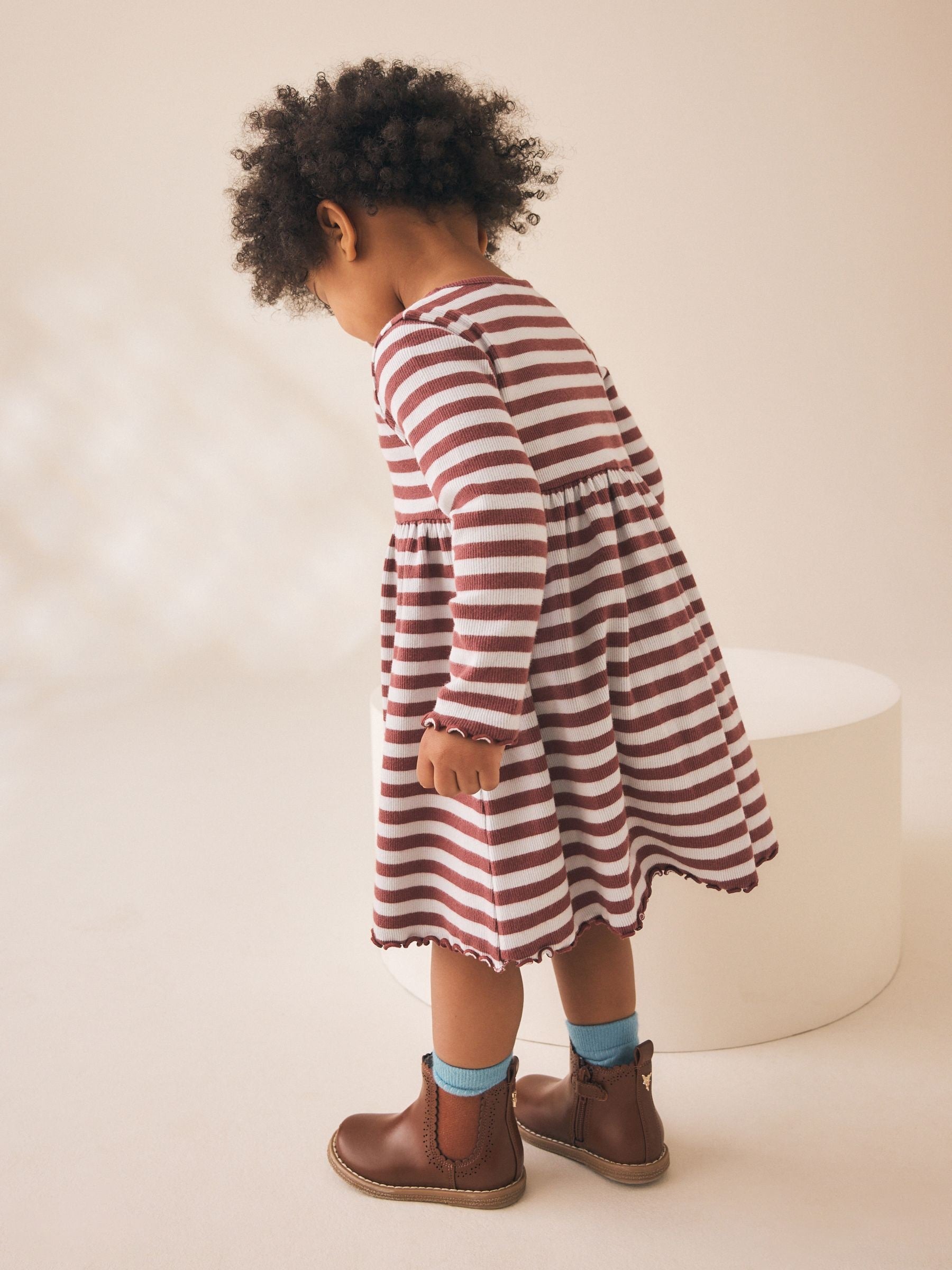 Dsiney Kidz - Brown Stripe Flower Long Sleeve Ribbed Dress (3mths-7yrs) image 3