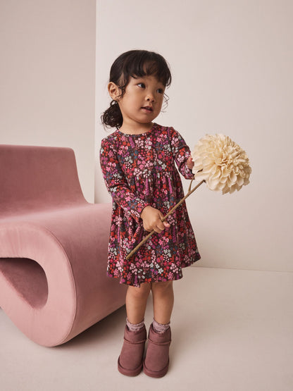Dsiney Kidz - Burgundy Red Ditsy Floral Long Sleeve Ribbed Dress (3mths-7yrs) image 1