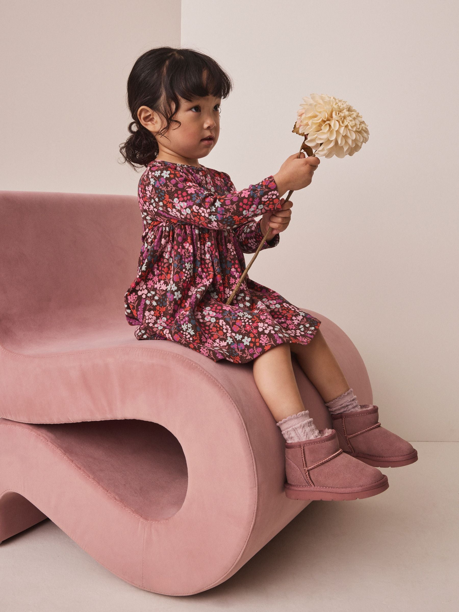 Dsiney Kidz - Burgundy Red Ditsy Floral Long Sleeve Ribbed Dress (3mths-7yrs) image 2