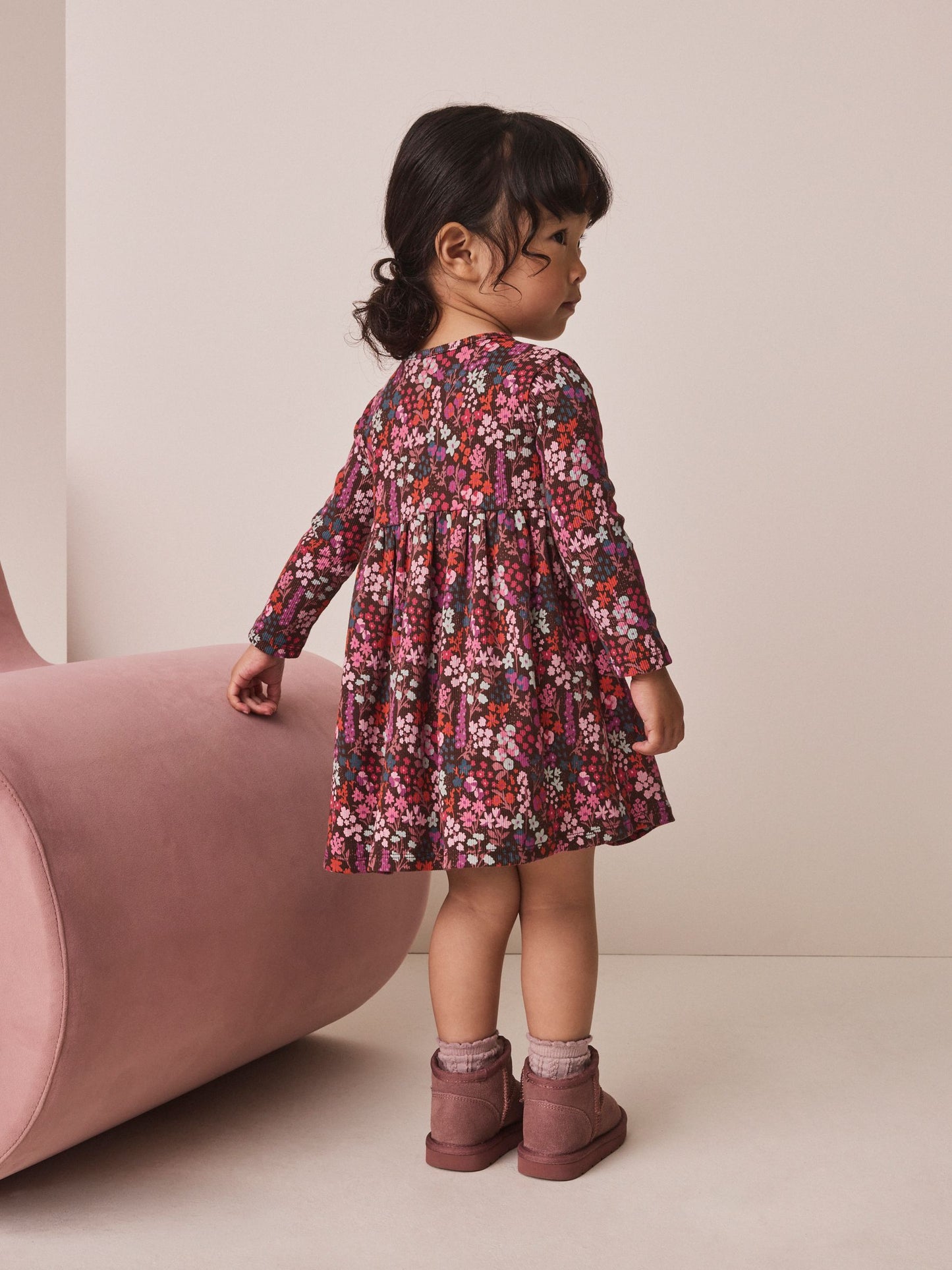 Dsiney Kidz - Burgundy Red Ditsy Floral Long Sleeve Ribbed Dress (3mths-7yrs) image 3