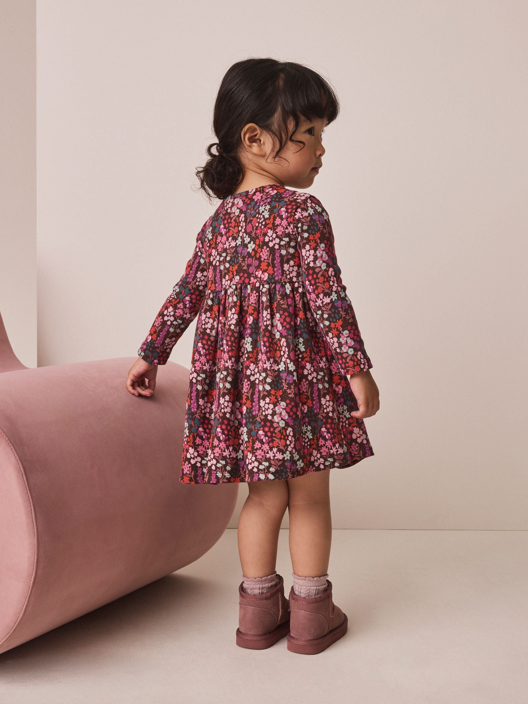 Dsiney Kidz - Burgundy Red Ditsy Floral Long Sleeve Ribbed Dress (3mths-7yrs) image 3