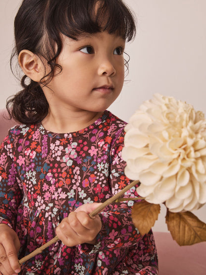 Dsiney Kidz - Burgundy Red Ditsy Floral Long Sleeve Ribbed Dress (3mths-7yrs) image 4