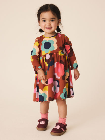 Dsiney Kidz - Brown Flowers Long Sleeve Ribbed Dress (3mths-7yrs) image 1