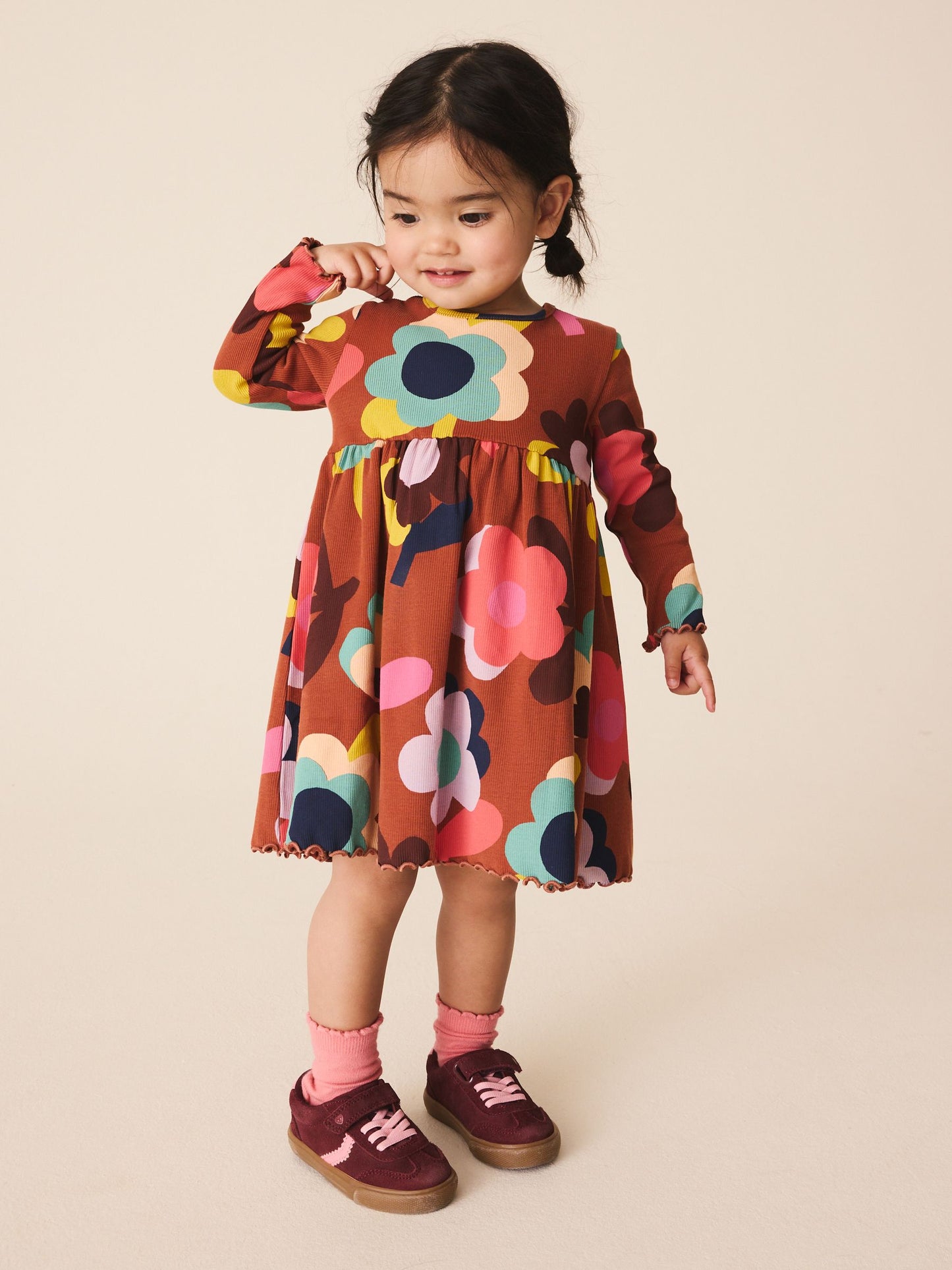 Dsiney Kidz - Brown Flowers Long Sleeve Ribbed Dress (3mths-7yrs) image 2