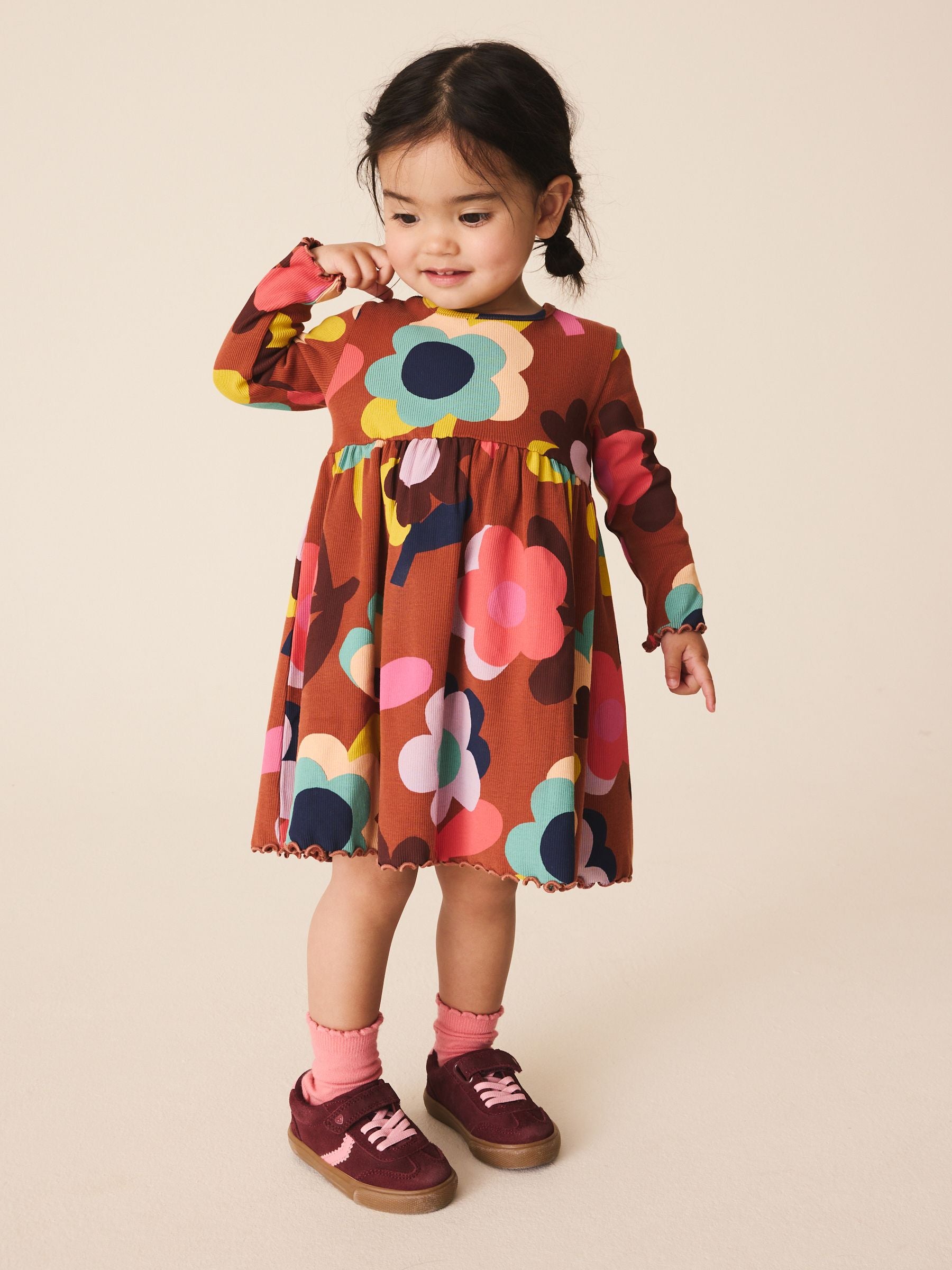 Dsiney Kidz - Brown Flowers Long Sleeve Ribbed Dress (3mths-7yrs) image 2