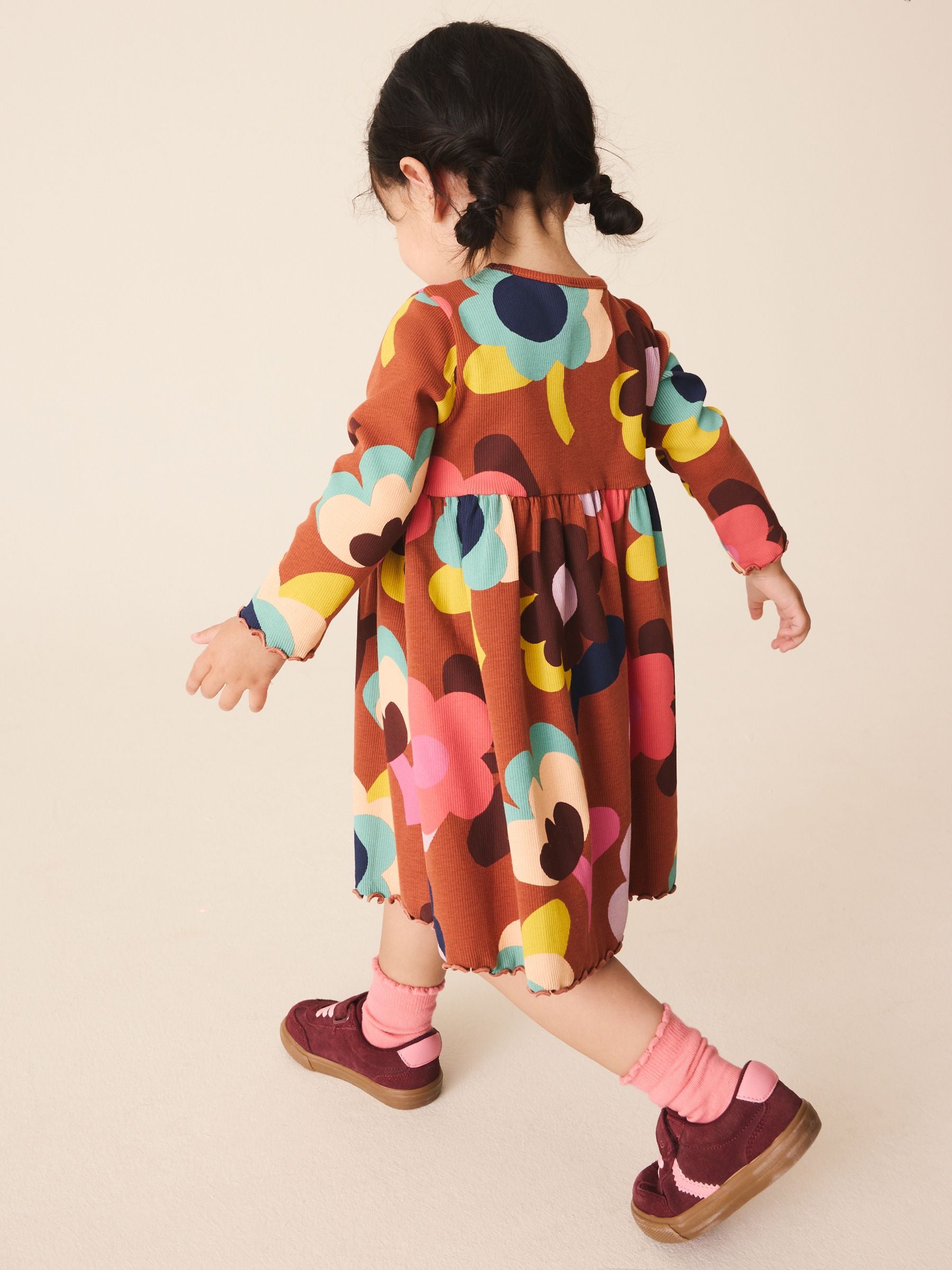 Dsiney Kidz - Brown Flowers Long Sleeve Ribbed Dress (3mths-7yrs) image 3