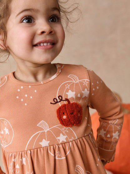 Dsiney Kidz - Orange Halloween Pumpkin Long Sleeve Ribbed Dress (3mths-7yrs) image 2