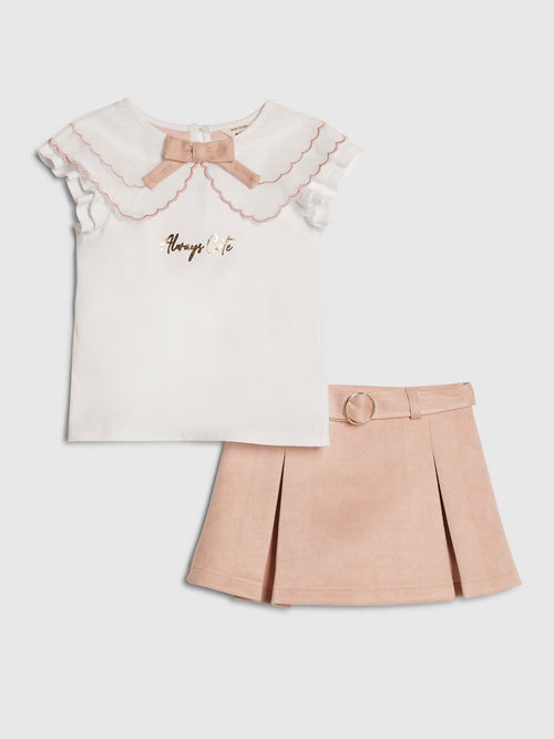 River Island Pink Collar Frill T-Shirt & Suede Skort Set image 1