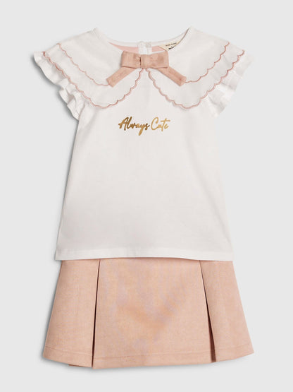 River Island Pink Collar Frill T-Shirt & Suede Skort Set image 3