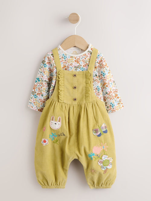 Sage Green Rabbit Baby Cord Dungarees And Long Sleeve Bodysuits 2 Piece Set (0mths-2yrs) image 1