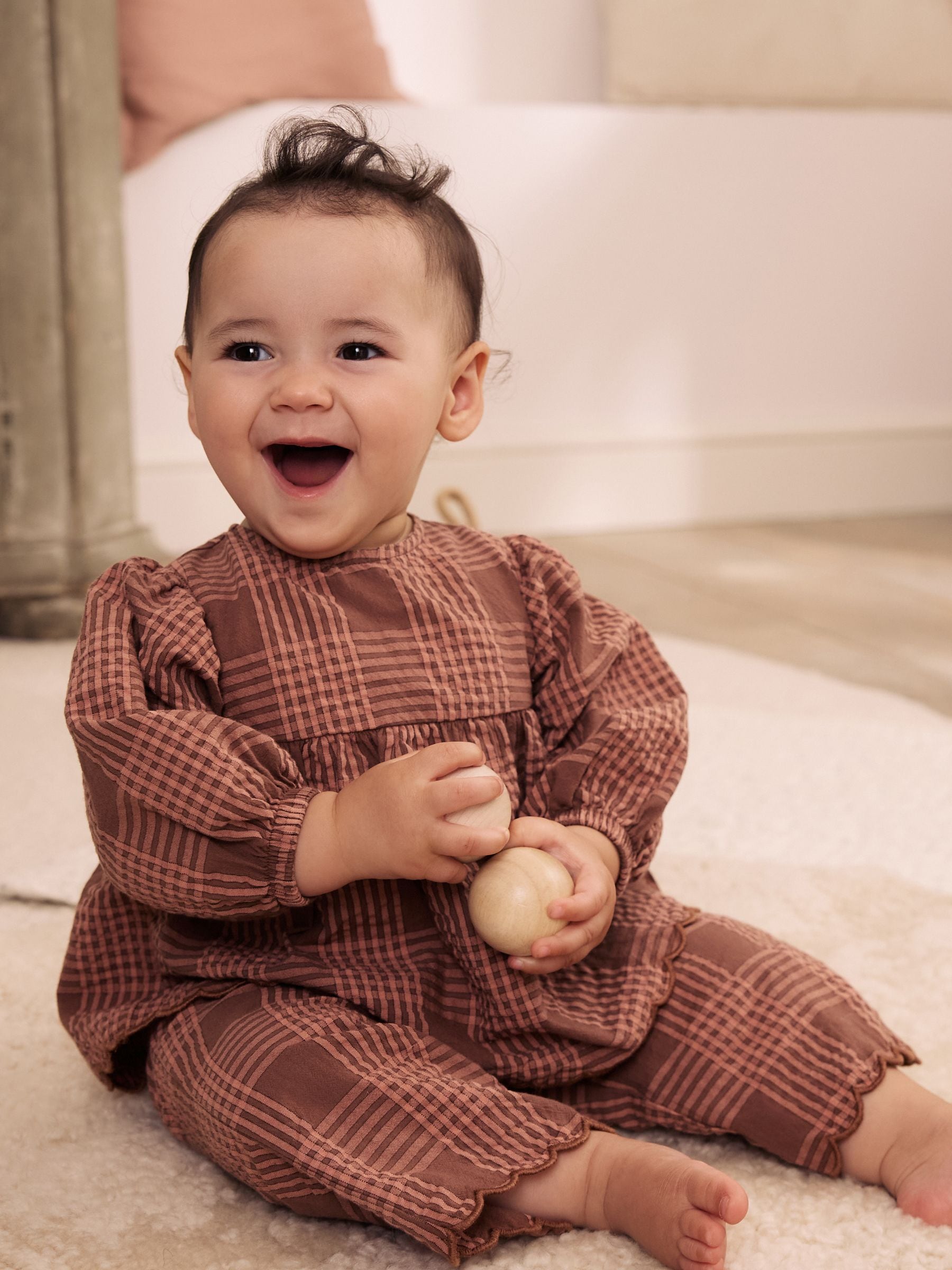 Dsiney Kidz - Brown/Pink Check Baby Woven Top and Trousers 2 Piece Set (0mths-2yrs) image 1