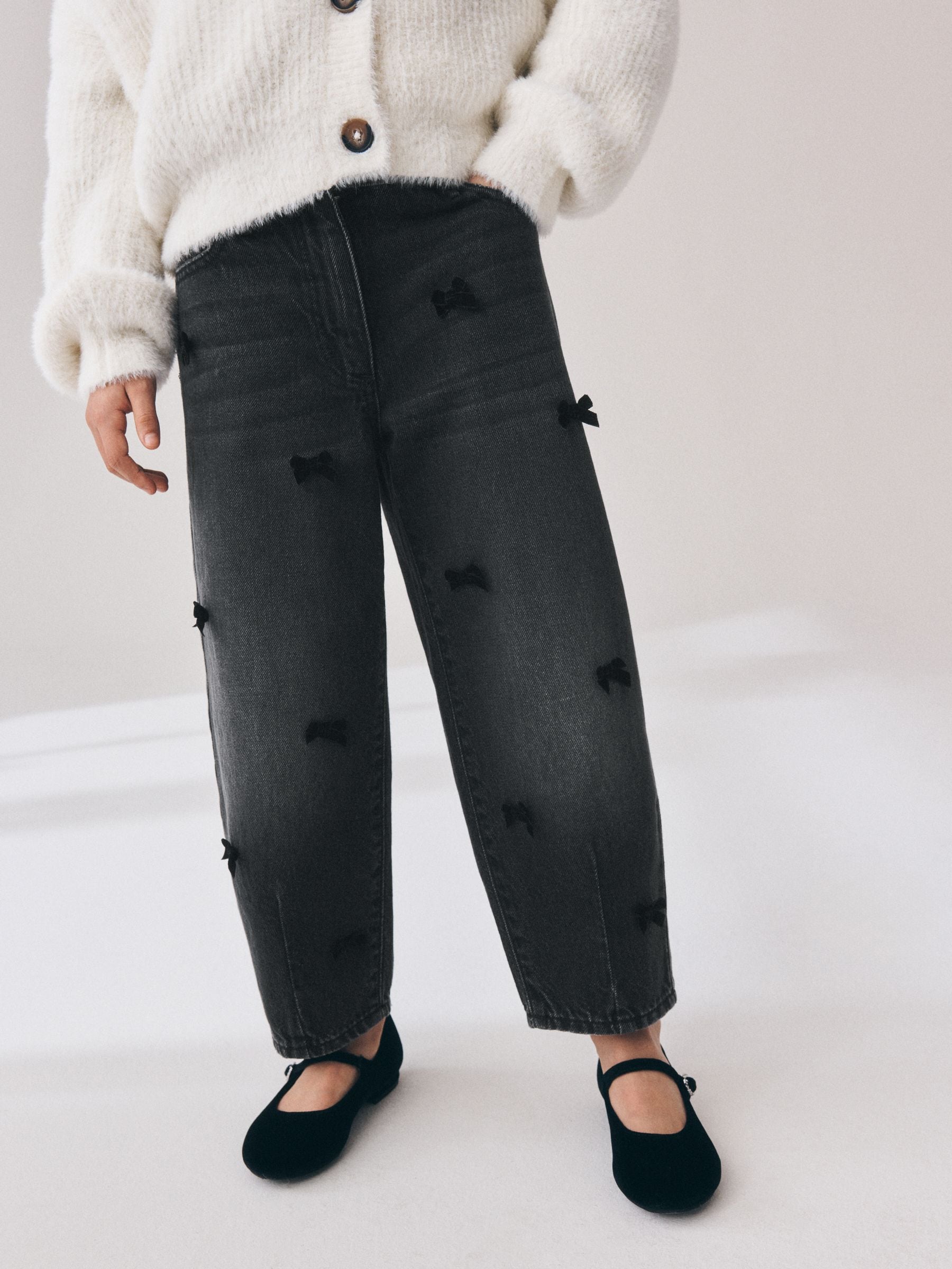 Dsiney Kidz - Charcoal Velvet Bow Barrel Jeans (3-16yrs) image 1