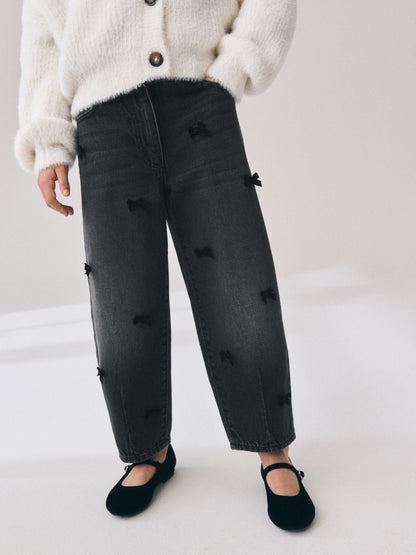 Dsiney Kidz - Charcoal Velvet Bow Barrel Jeans (3-16yrs) image 1