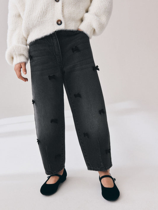 Dsiney Kidz - Charcoal Velvet Bow Barrel Jeans (3-16yrs) image 1