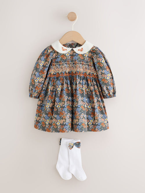 Dsiney Kidz - Blue Floral Woven Dress, Knicker and Sock Baby Set 3 Piece (0mths-2yrs) image 1
