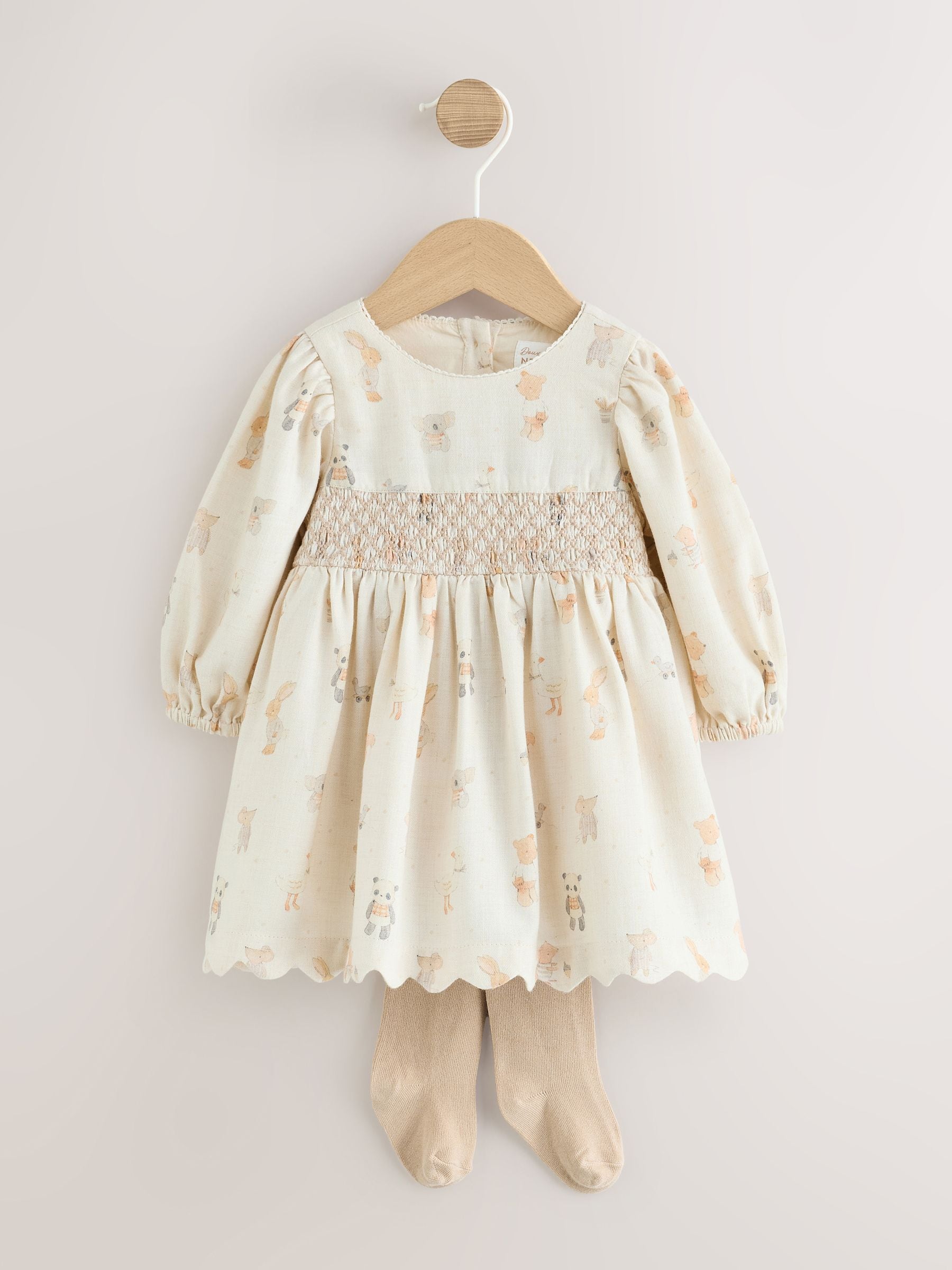 Dsiney Kidz - Ecru Animal Baby Smock Dress And Tights Set 2 Piece (0mths-2yrs) image 1