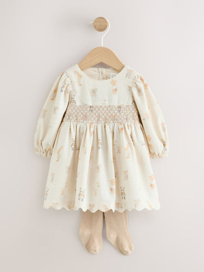 Dsiney Kidz - Ecru Animal Baby Smock Dress And Tights Set 2 Piece (0mths-2yrs) image 1