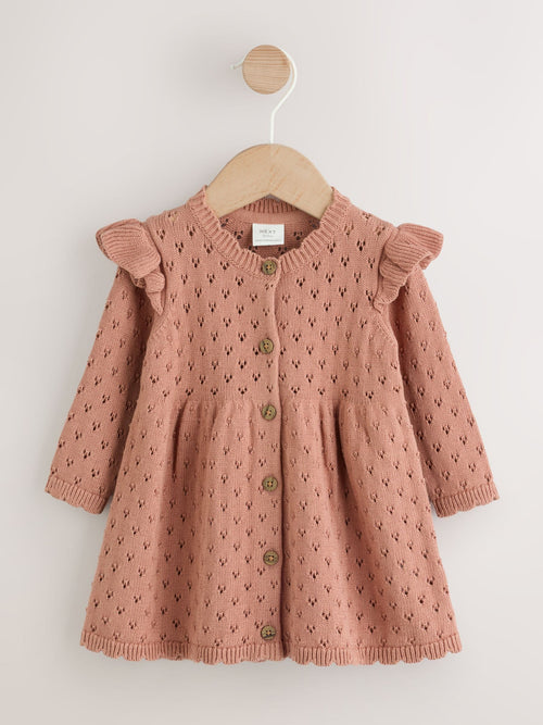 Dsiney Kidz - Rust Brown Pointelle Knitted Frill Shoulder Baby Dress (0mths-2yrs) image 1
