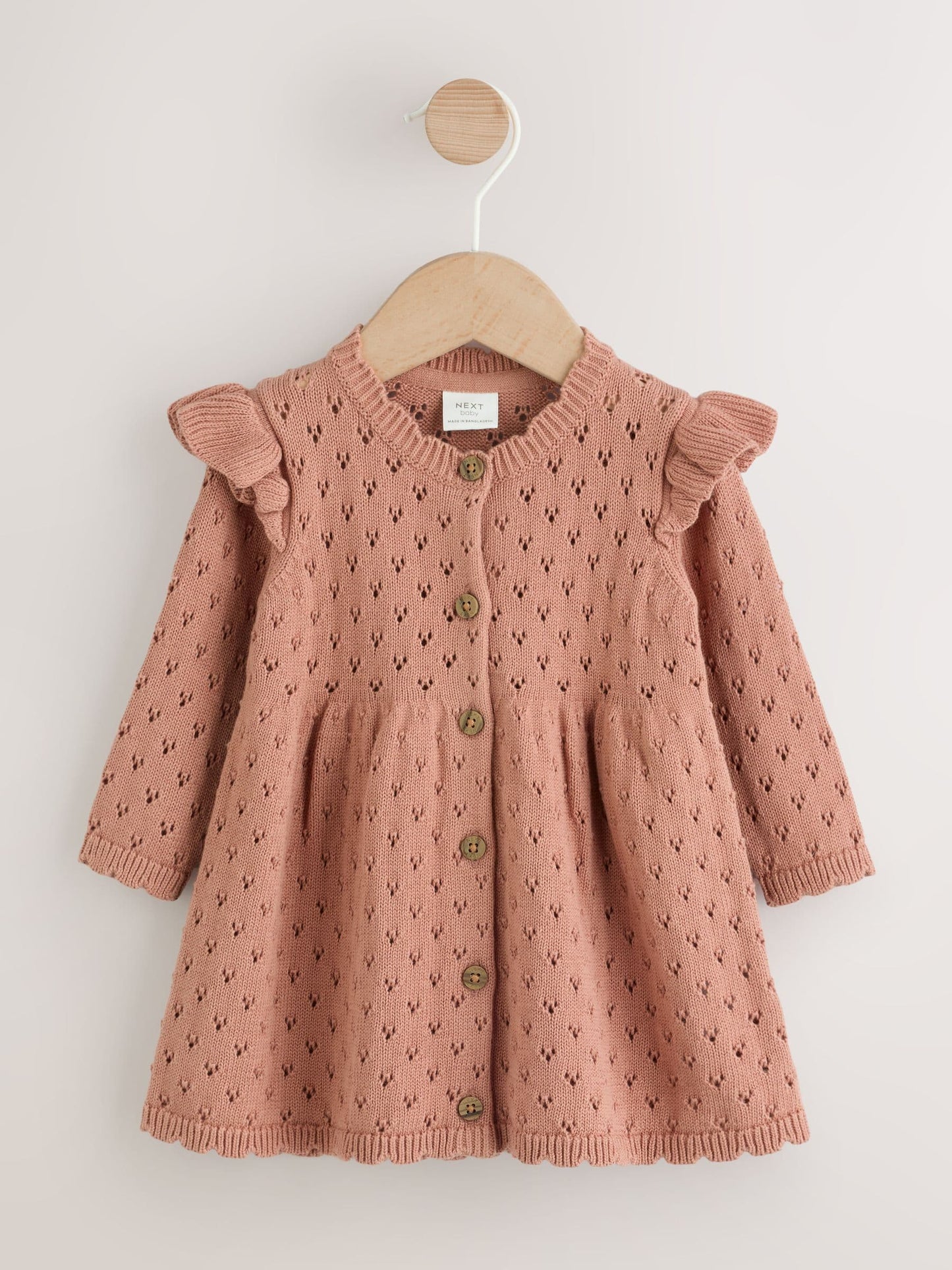 Dsiney Kidz - Rust Brown Pointelle Knitted Frill Shoulder Baby Dress (0mths-2yrs) image 1