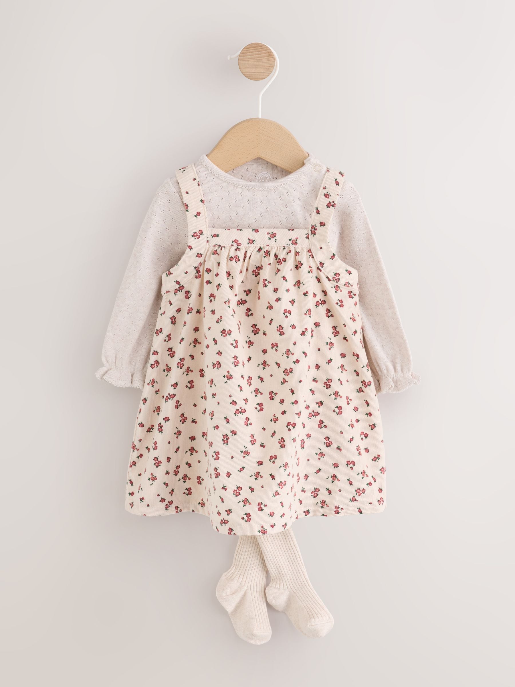 Dsiney Kidz - Ecru Floral Cord Baby Pinafore Long Sleeve Bodysuit And Tights 3 Piece Set (0mths-2yrs) image 1